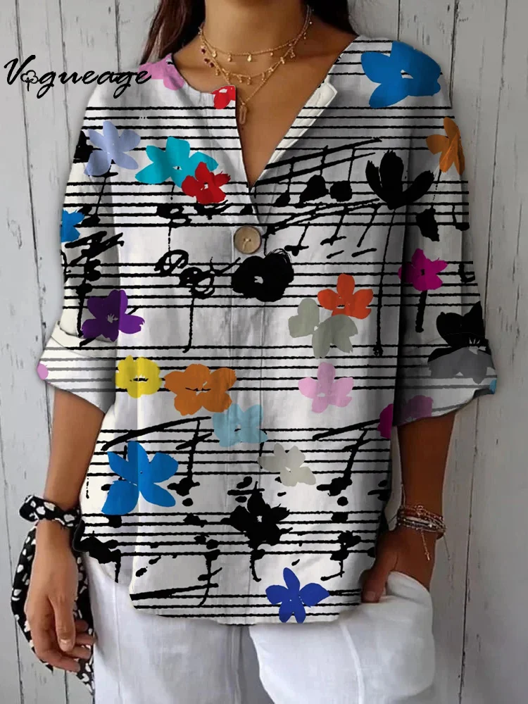 Simple Creative Staves And Flowers Printed Cotton And Linen Shirt