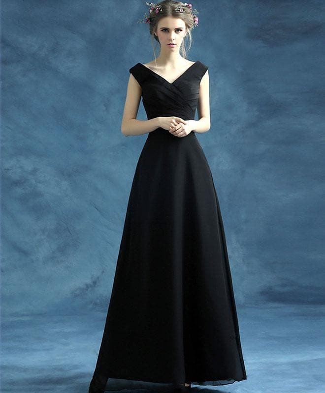 Simple Black V Neck Chiffon Long Prom Dress, Black Eveing Dress