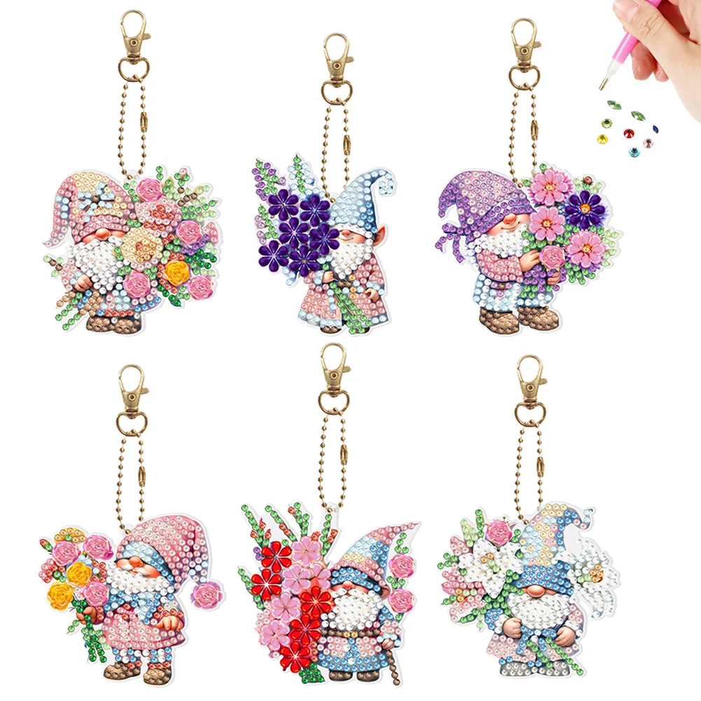 6Pcs Flower Goblin Double-Sided Special Shaped Diamond Painting Art Keychain