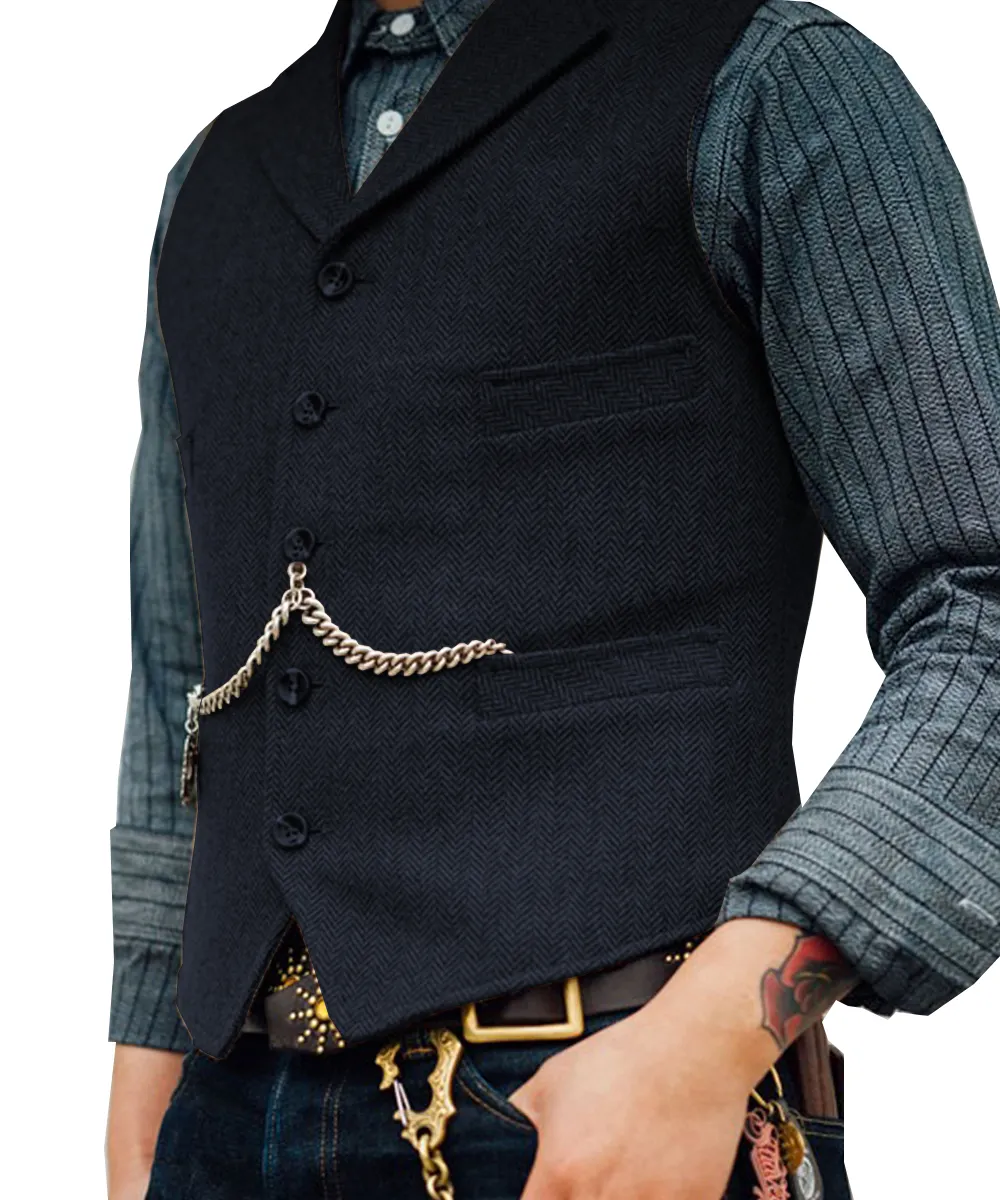 Men's Lapel V Neck Wool Herringbone Casual Waistcoat Formal Groomsman Business Suit Vest For Wedding