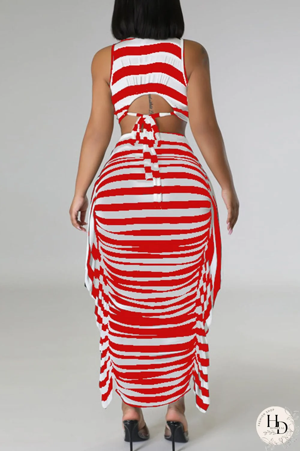 Red Casual Striped Print Patchwork Flounce O Neck Sleeveless Two Pieces