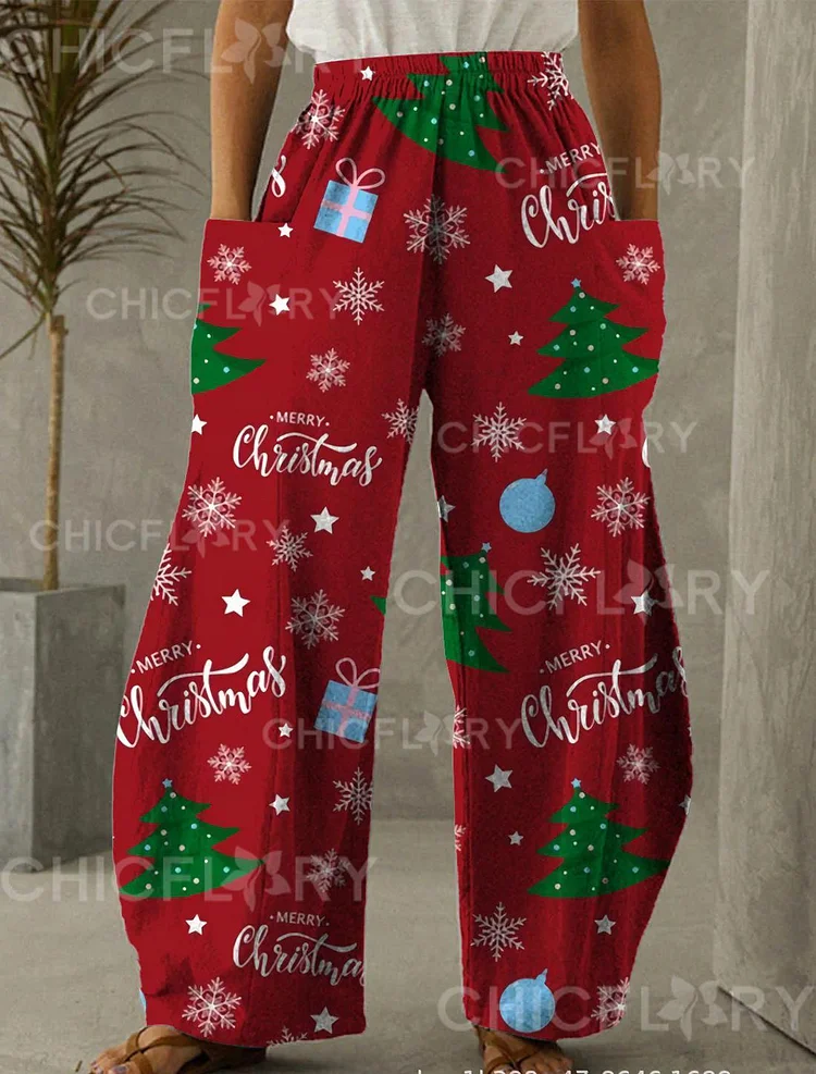 Christmas Red Christmas Tree Print Casual Pants