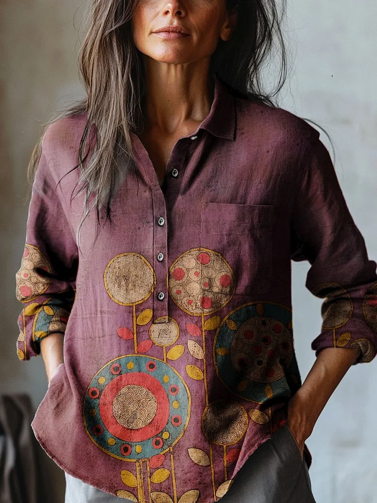 Women's Vintage Floral Art Print Casual Cotton And Linen Shirt
