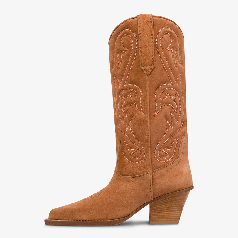 Brown Vegan Suede Chunky Heel Pointed Toe Mid-Calf Cowgirl boots