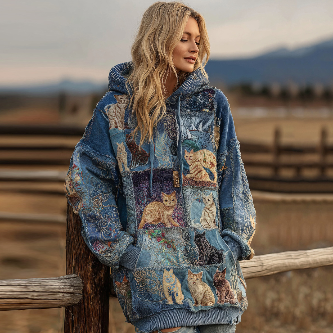 Women's Retro Denim Patchwork Cute Cat Hooded Sweatshirt Dress elevenforest