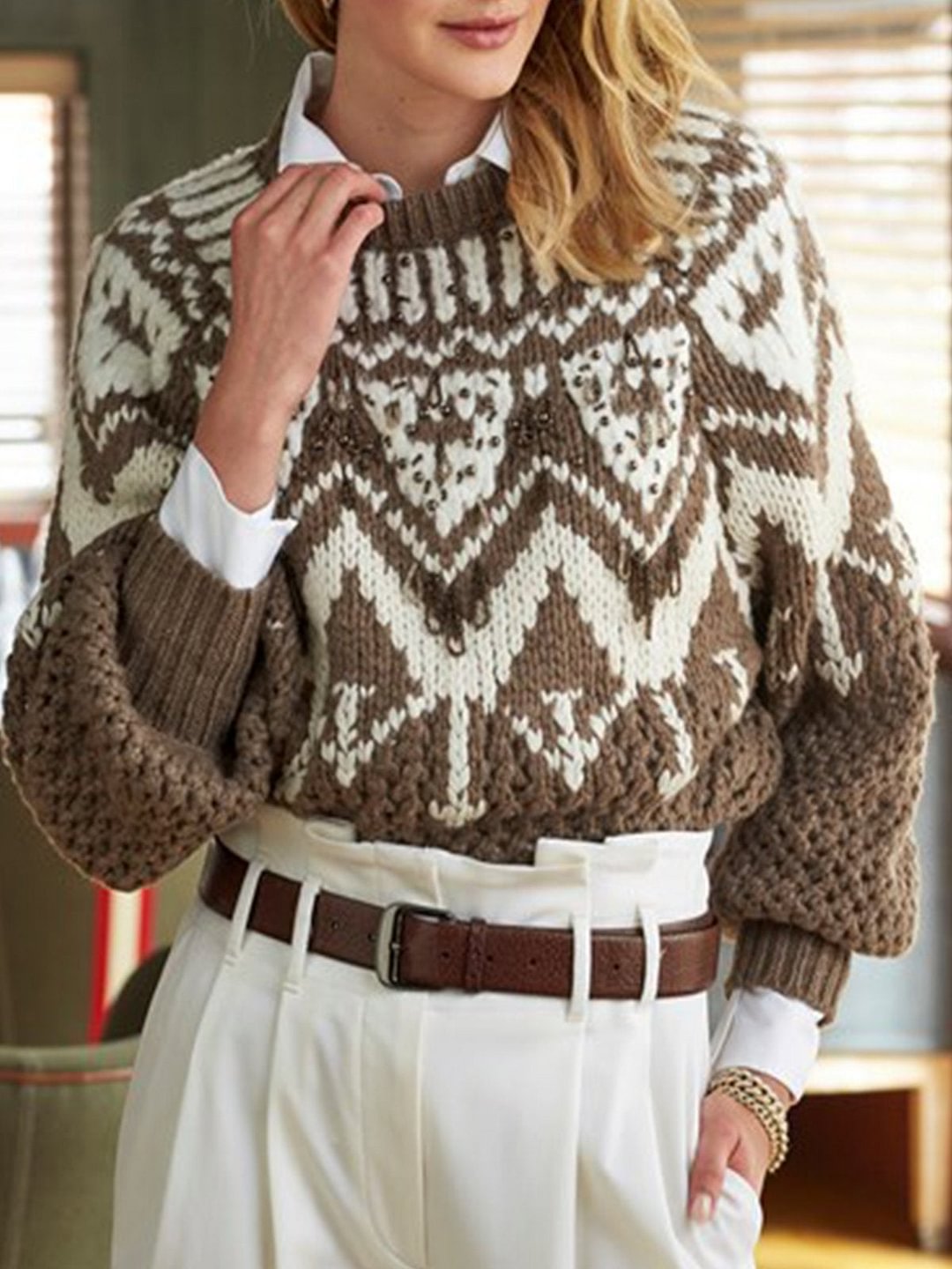 Coffee Casual Long Sleeve plus size Sweater | EGEMISS