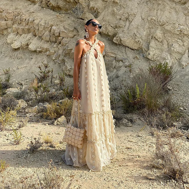 Beige Cross-Strappy Tip Floral Texture Midi Dress QueenFunky