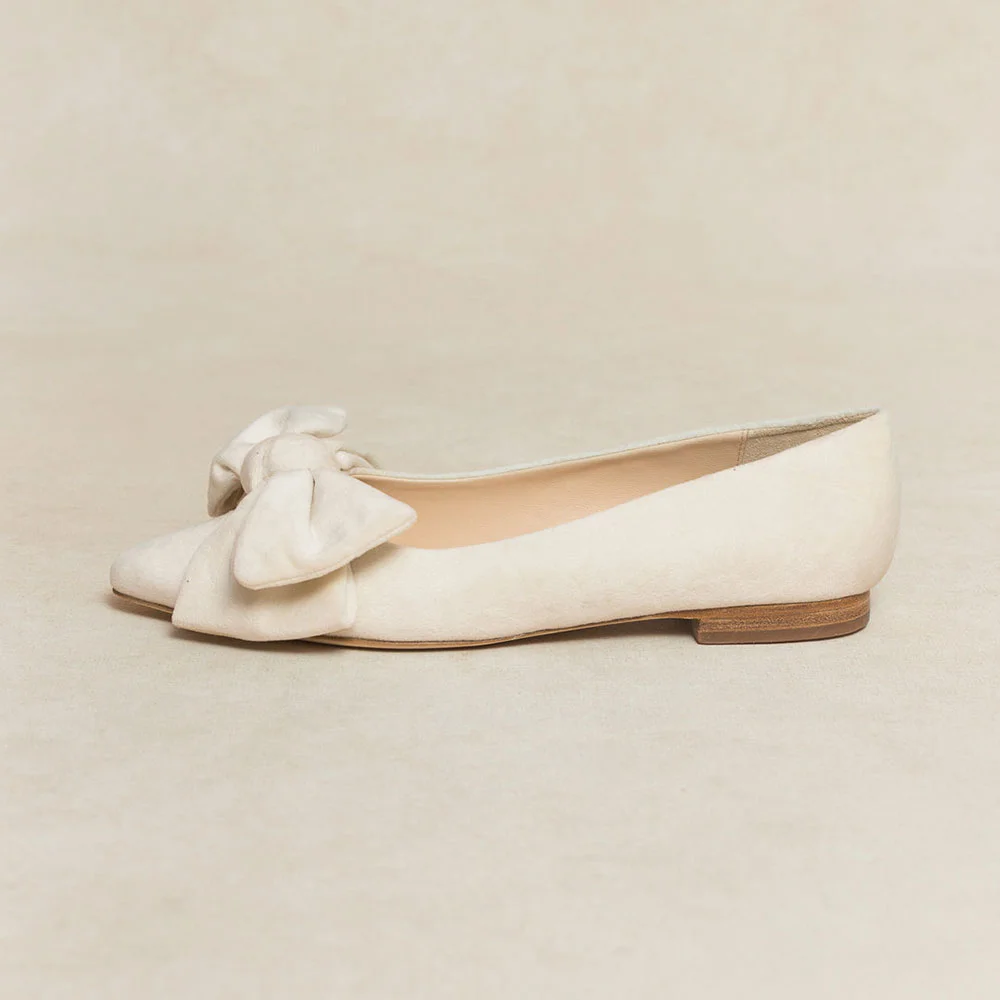 YDN Ivory Pointed Toe Bow Decor Elegant Flat Shoes for Women