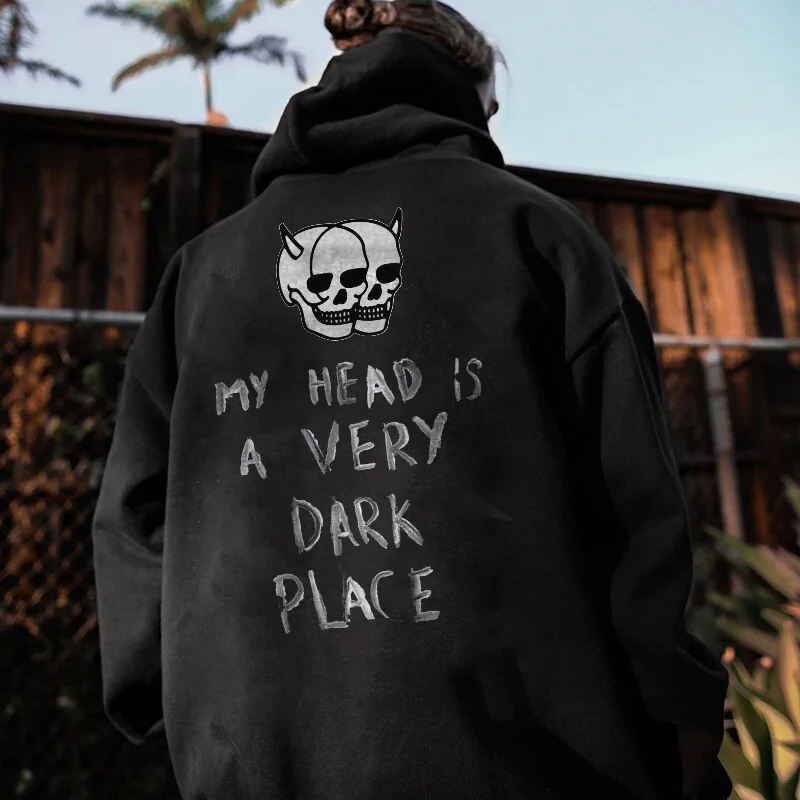 UPRANDY Horned Skulls My Head Is A Very Dark Place Printed Hoodie -  UPRANDY