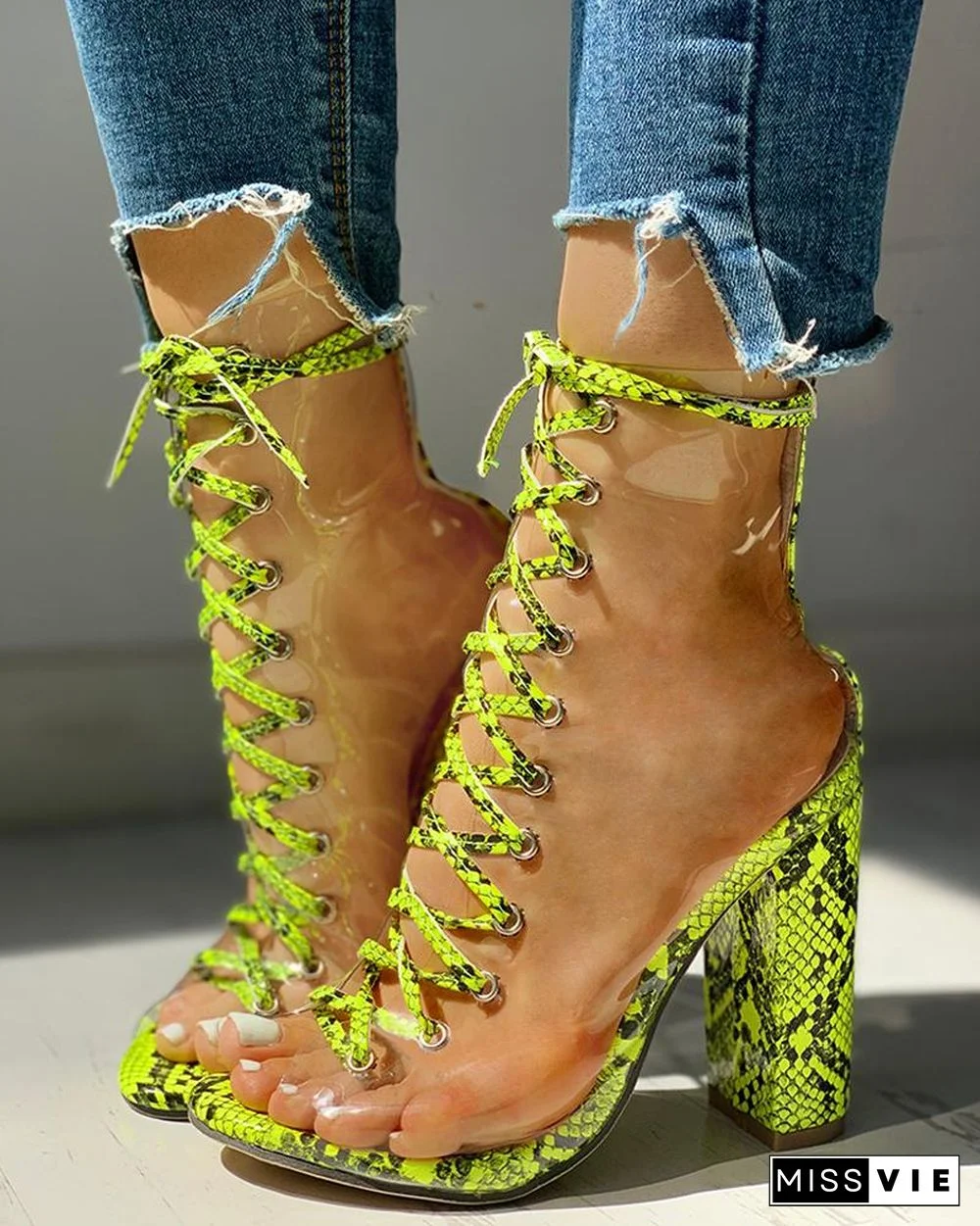 Snakeskin Lace-Up Chunky Heeled Sandals