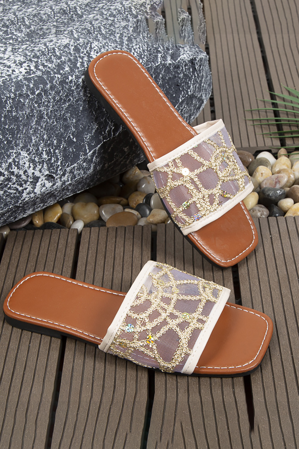 Plus Size Beach Mesh Square Head Mesh Patchwork Flat Slippers