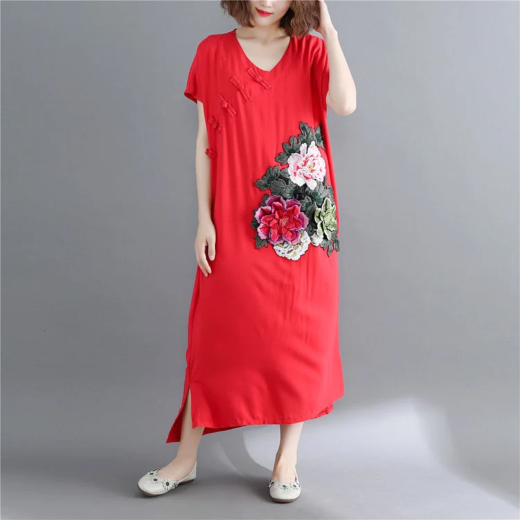 Fine red cotton linen maxi dress casual short sleeve Embroidery cotton dresses fine v neck traveling clothing