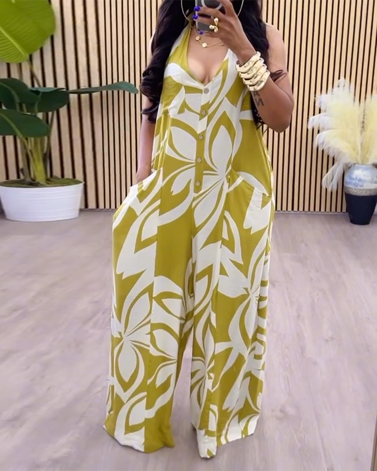 V-neck Button Print Loose Jumpsuit