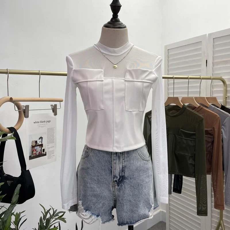 Uveng Sexy Micro-Permeable Mesh Splicing Pu Skin Bottom Shirt Women Autumn And Winter Body Repair Short Long-Sleeved T-Shirt Top 8975