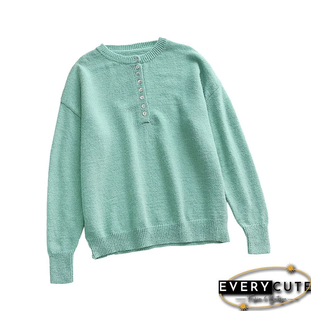 Light Green Button Neck Knitted Pullover Sweater