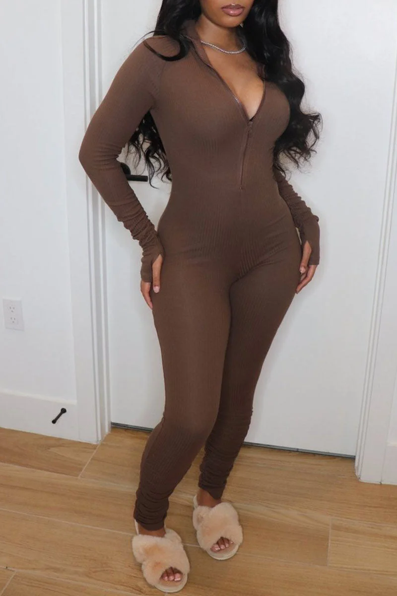 Sexy Solid Zipper Split Joint O Neck Skinny Jumpsuits