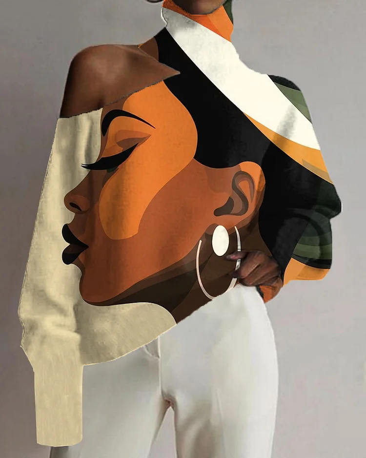 Black Girl Oil Painting Art Color Matching Print Off-shoulder Top