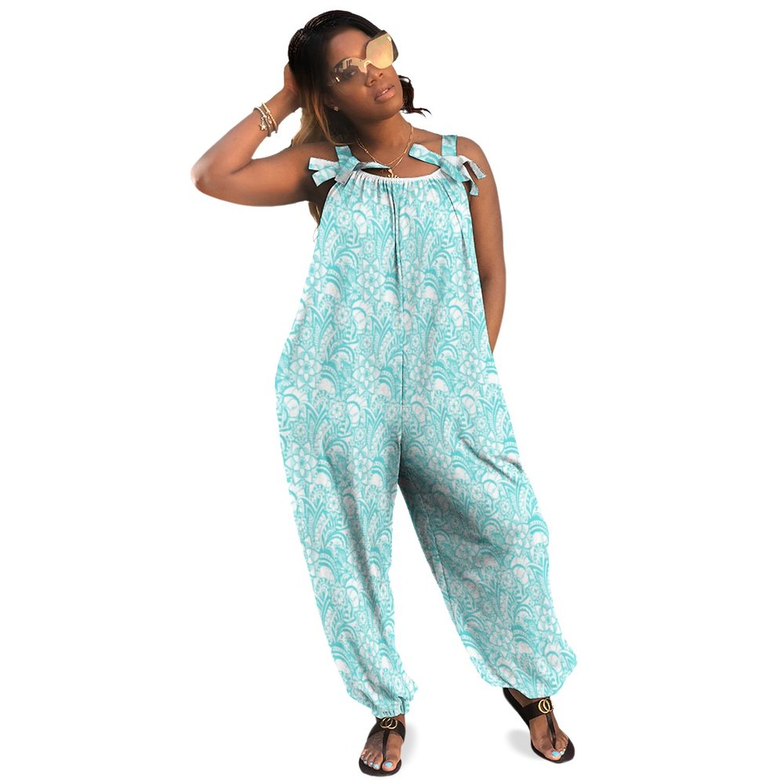 Baby Blue Floral Lace Pattern Plus Size Women Rompers Summer Casual Loose Dressy Romper Retro Jumpsuit Bell Bottom Boho Pockets