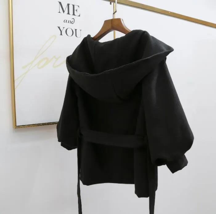 2020 Women Woolen Coat Solid Color Hooded Waist Strap Female Jacket