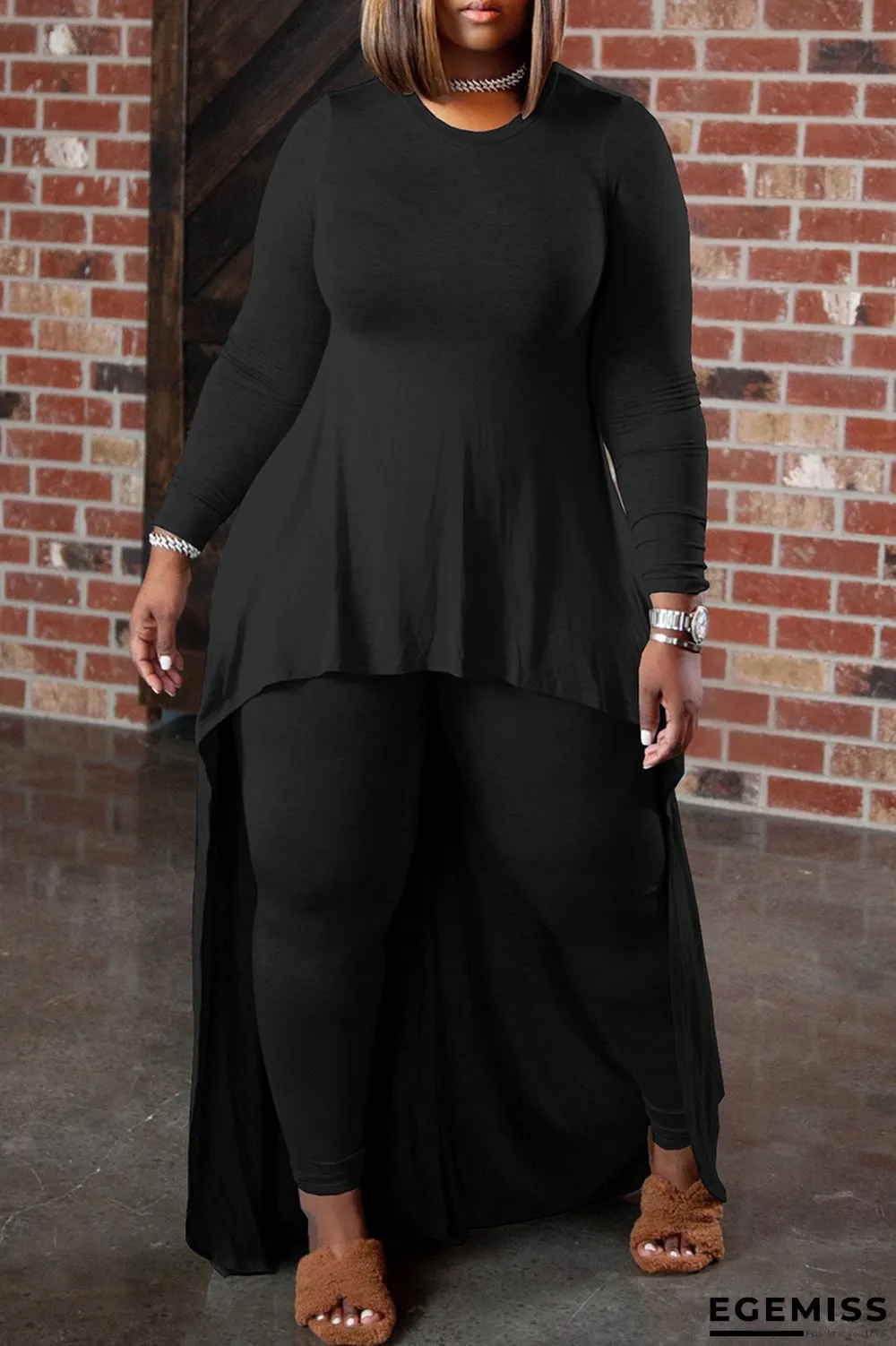 Black Fashion Casual Solid Asymmetrical O Neck Plus Size Two Pieces | EGEMISS