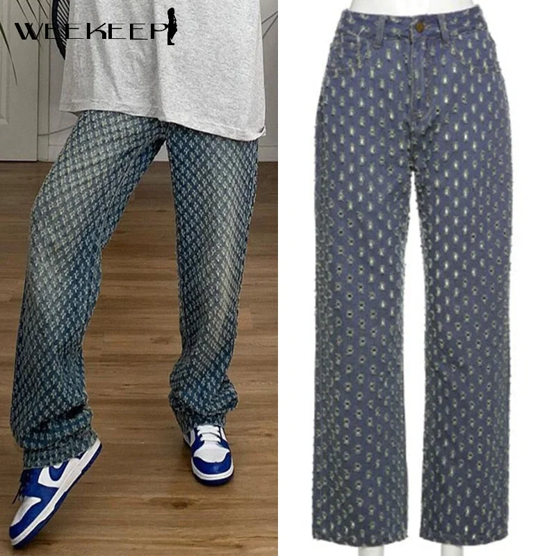 Weekeep Fashion Plaid Hollow Out Streetwear Jeans Women Club High Waist Button Fly Straight Pants Korean Baggy Denim Holes Pants