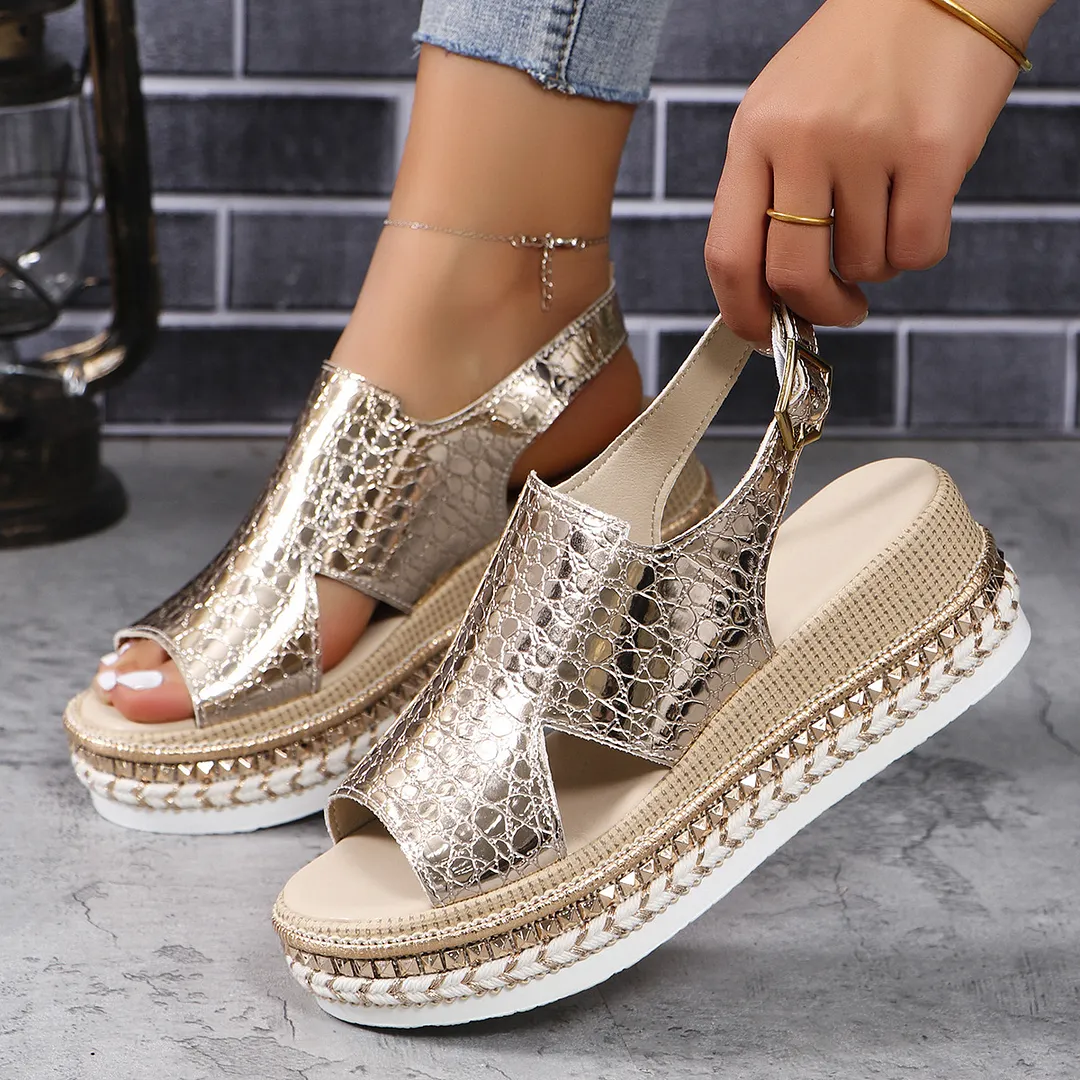 Yyvonne Summer New Large-Size Fish Mouth Buckle Slope Heel Sandals Women's Fashion Comfortable Thick-Soled Bright Face Women's Sandals