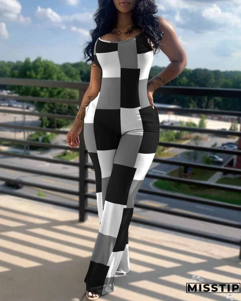 Printed Solid Color Straps Jumpsuit