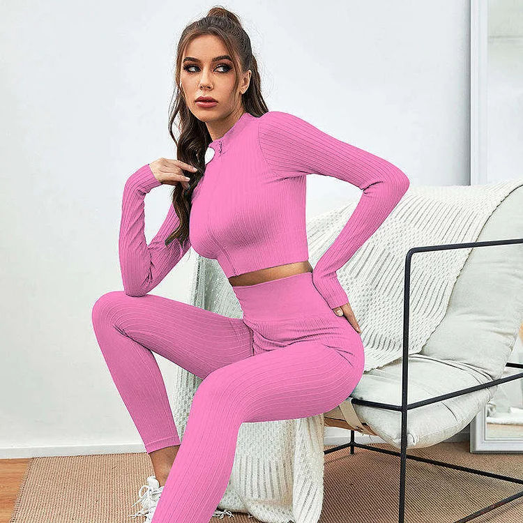PASUXI Gym Fitness Sets Zipper Sport Clothes Women Sportswear Long Sleeve Top High Waist Leggings Workout Clothes for Women huanwei