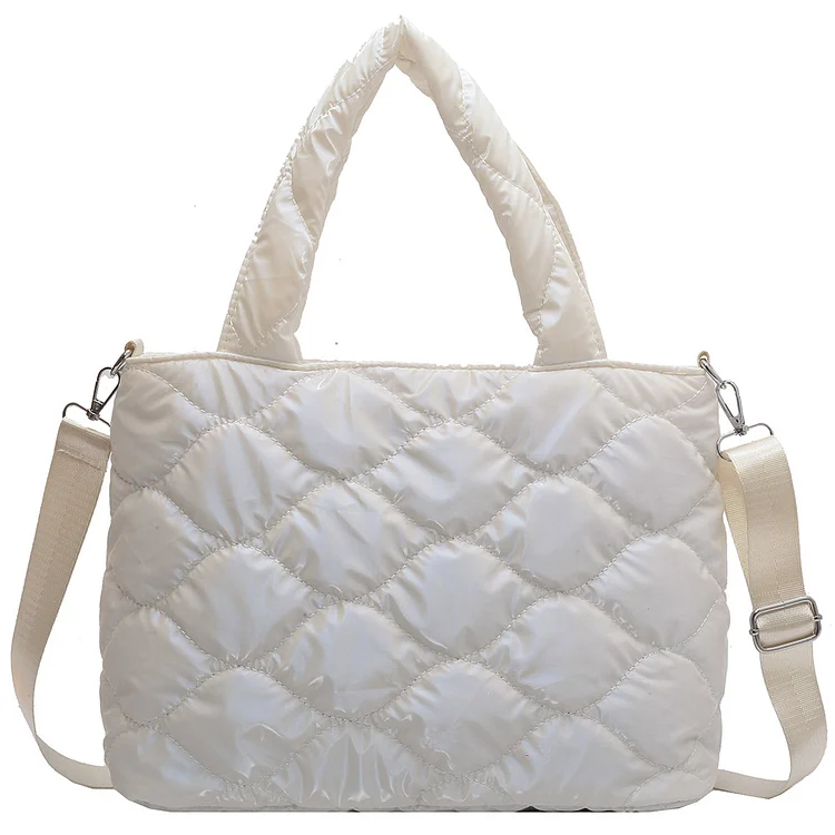 Women Crossbody Bag Fashion Nylon Cotton-padded Ladies Large Tote (White)