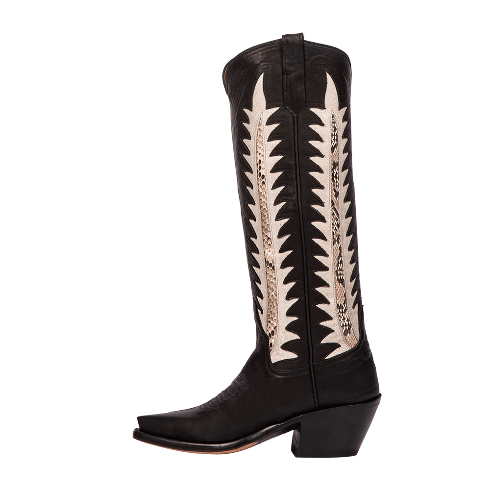 Black Pointed Toe Chunky Heel Patchwork Knee High Cowgirl Boots Nicepairs