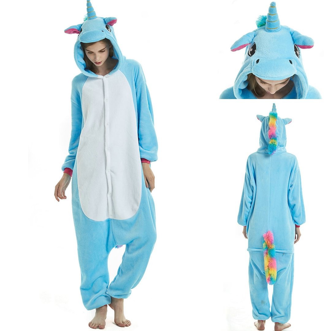 Unisex-Adult Blue Unicorn Kigurumi Onesies Pajamas-Pajamasbuy