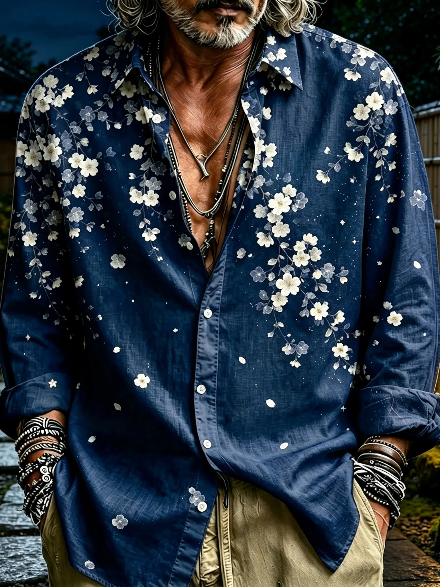 Men's Retro Japanese Art Floral Print Shirt  artssus