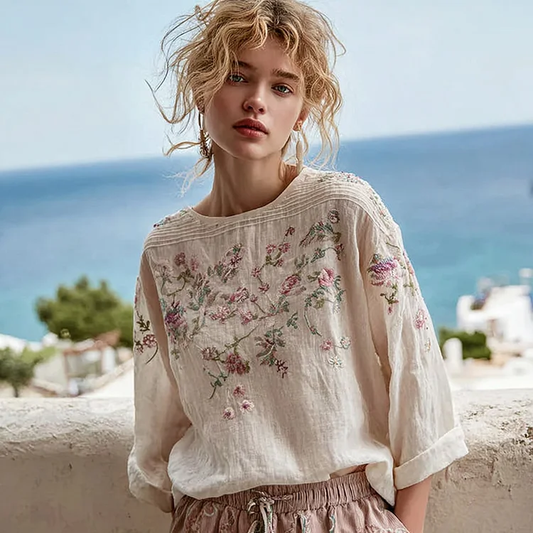 Women's Vintage Floral Embroidery Linen Crew Neck Long Sleeve T-shirt