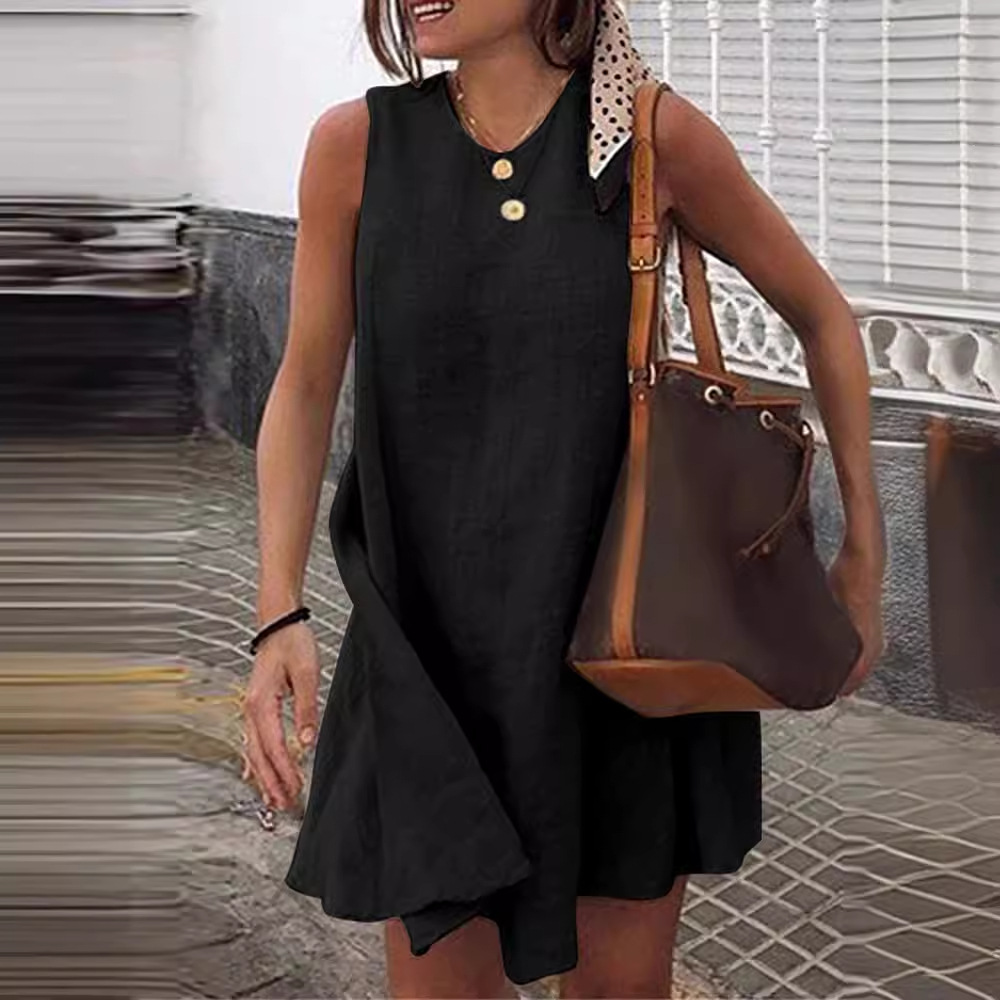 Mature Women Summer Round Neck Sleeveless Solid Color Cotton And Linen Mini Dress