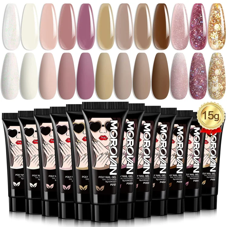 Morovan Poly Gel Nail Kit - 12 Colors Poly Nail Gel Kit with Pure Poly Gel and Gliter Poly Nail Gel Long-asting Poly Gel Nal Color Packs Professiona Poly Gel Kits Poly Extension Gel Nail Kit for Beginners at Home DlY Nail Manicure Art