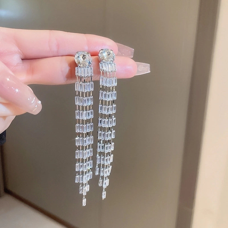 1 Pair Elegant Lady Geometric Tassel Copper Rhinestones Drop Earrings