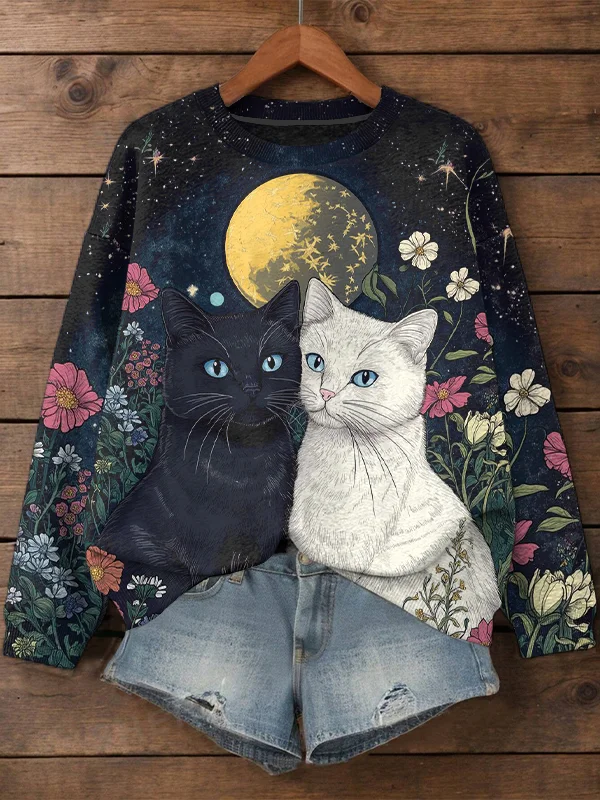 Women's A Loving Black Cat Among The Flowers On A Full Moon Night Art Print Casual Sweatshirt