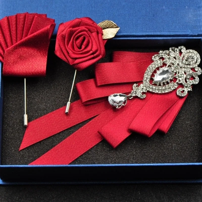 High-quality Fashion Handmade Red Diamond Bow Tie Wedding Collar Bowtie Brooch Pocket Towel Square Set Gifts for Men Accessories