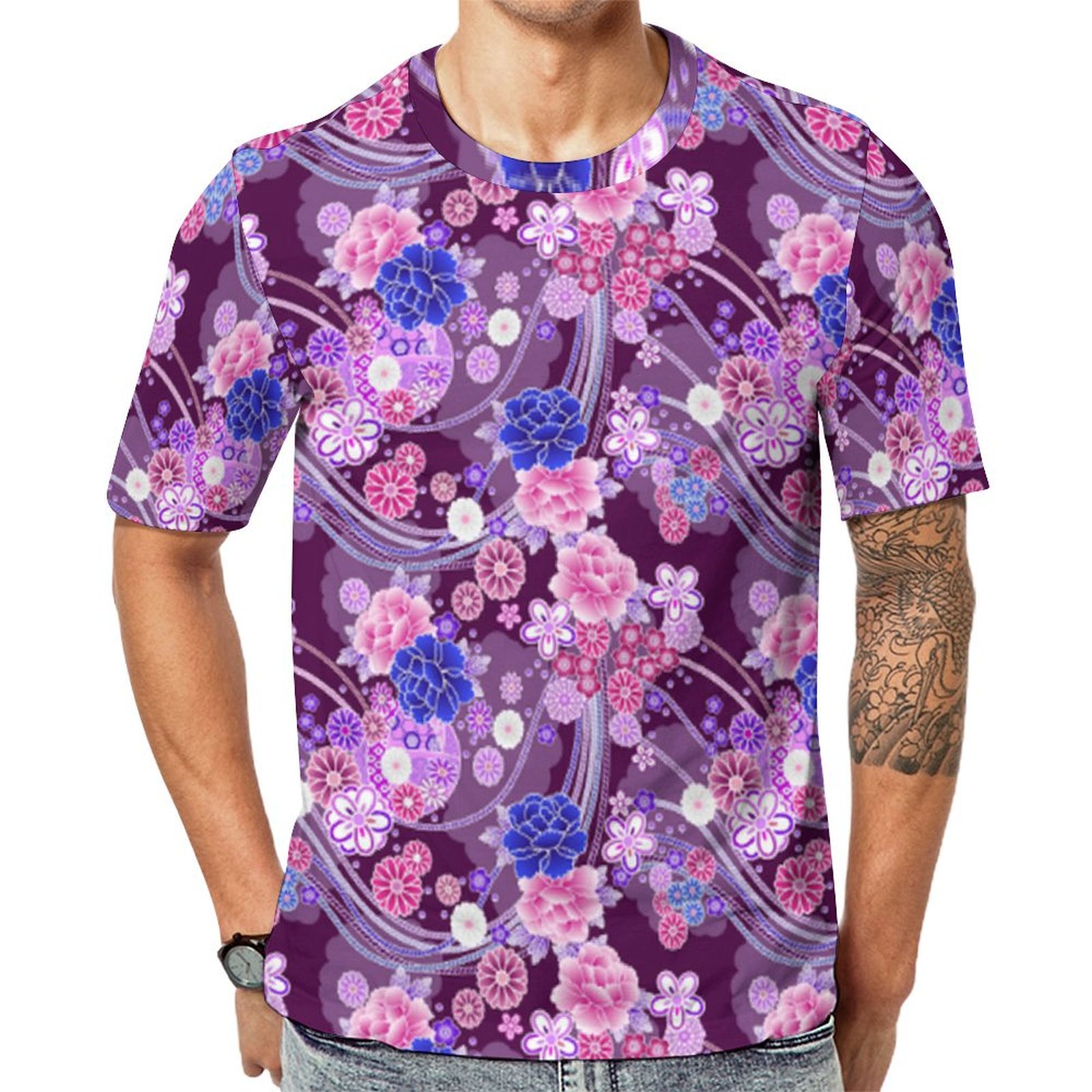 Pink Blue Purple Oriental Floral Short Sleeve Print Unisex Tshirt Summer Casual Tees for Men and Women Coolcoshirts