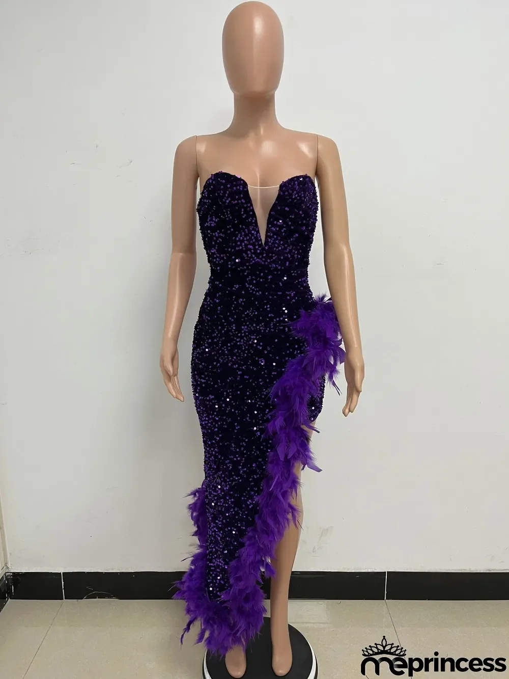 Women Sexy Off Shoulder Backless Sequin Feather Dress