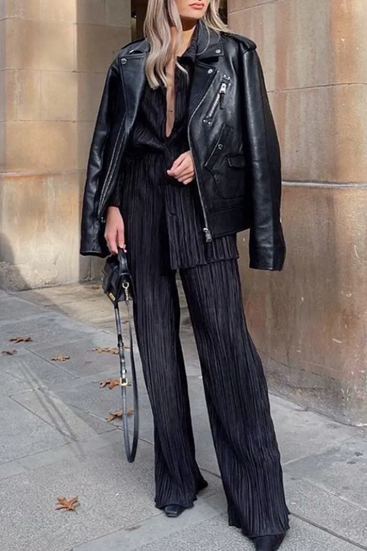 Casual Solid Patchwork Buckle Fold Turndown Collar Long Sleeve Two Pieces(4 Colors)
