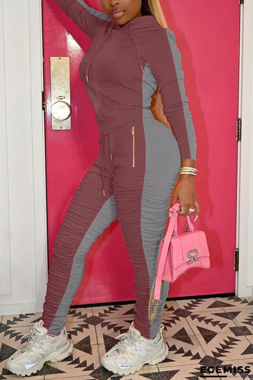 Purple Fashion Casual Patchwork Fold Hooded Collar Long Sleeve Two Pieces | EGEMISS