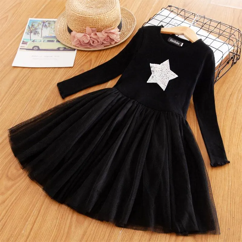 Baby Girls Long Sleeves Dress Sequins Star Party Princess Dress Children's Casual Clothing Winter Daily Clothes Vestido Infantil