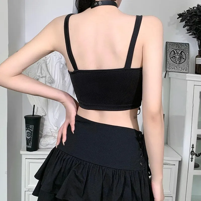 InsGoth Punk Safari Chain Black Camisole Grunge Gothic Bodycon Corset Tops Emo Streetwear Sexy Backless Women Summer Camis