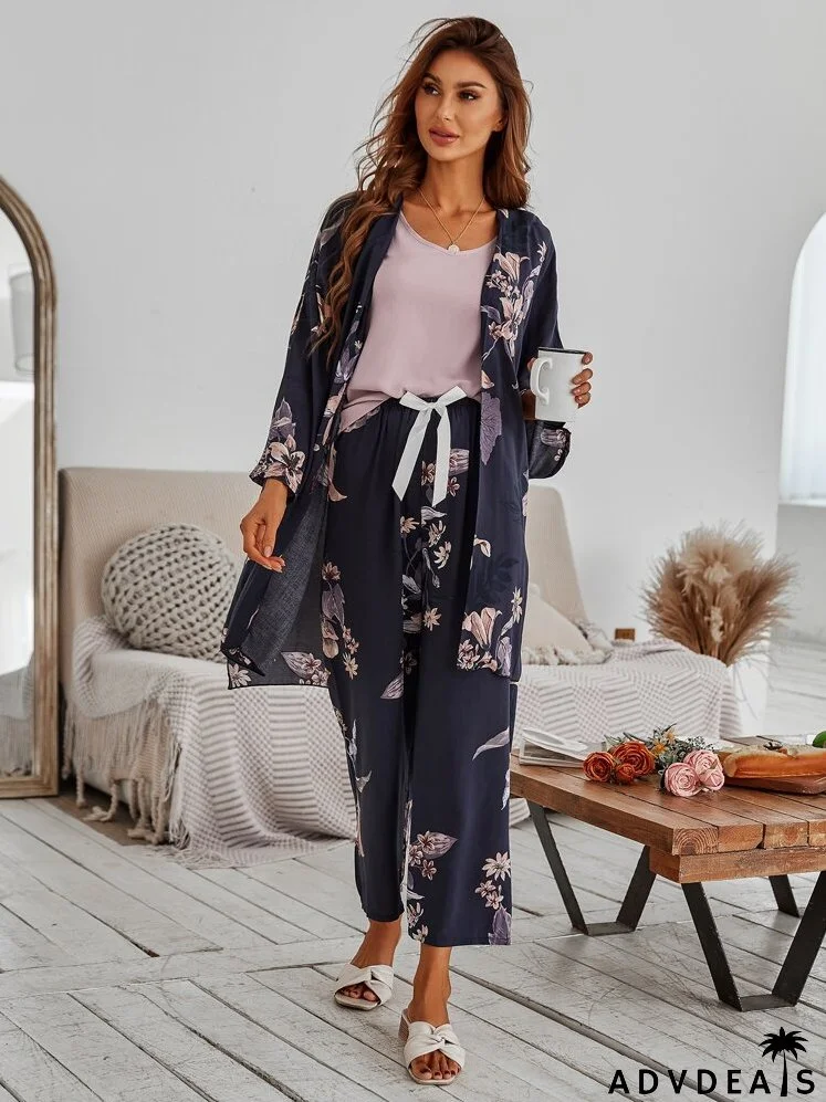 Floral Print Robe & Tank Top & Pants PJ Set