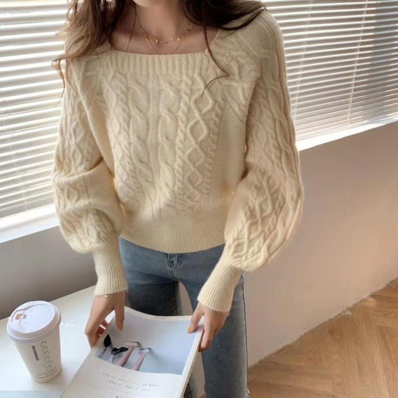Sweaters Women Fashion Slim Square Collar Long Sleeve Knitting Solid Simple Soft Cozy Tender Design Ulzzang Feminine Pullovers
