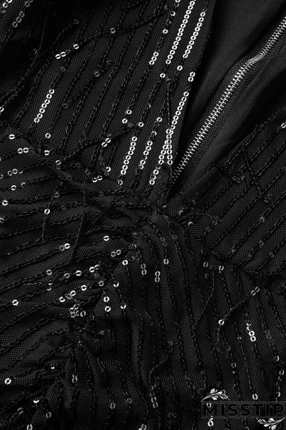 Black Casual Patchwork Tassel Sequins V Neck Long Sleeve Dresses