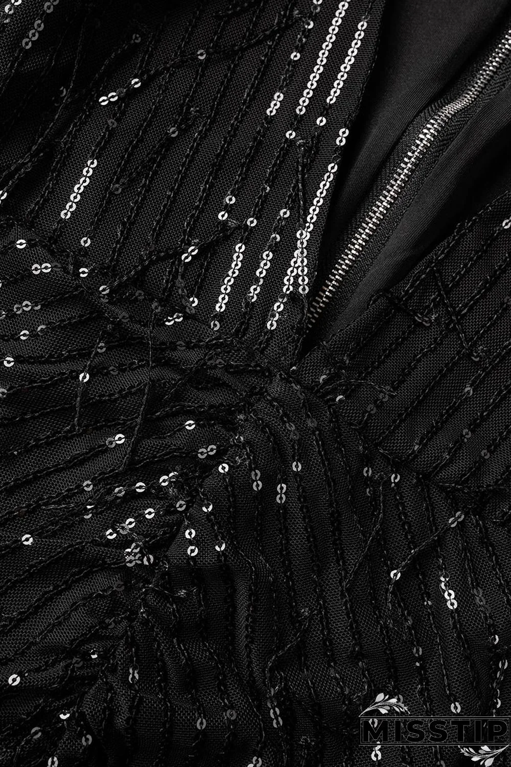 Black Casual Patchwork Tassel Sequins V Neck Long Sleeve Dresses