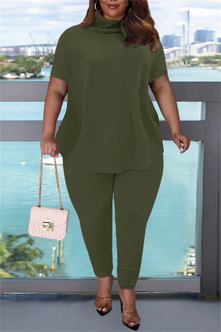 Army Green Fashion Casual Solid Basic Turtleneck Short Sleeve Two Pieces