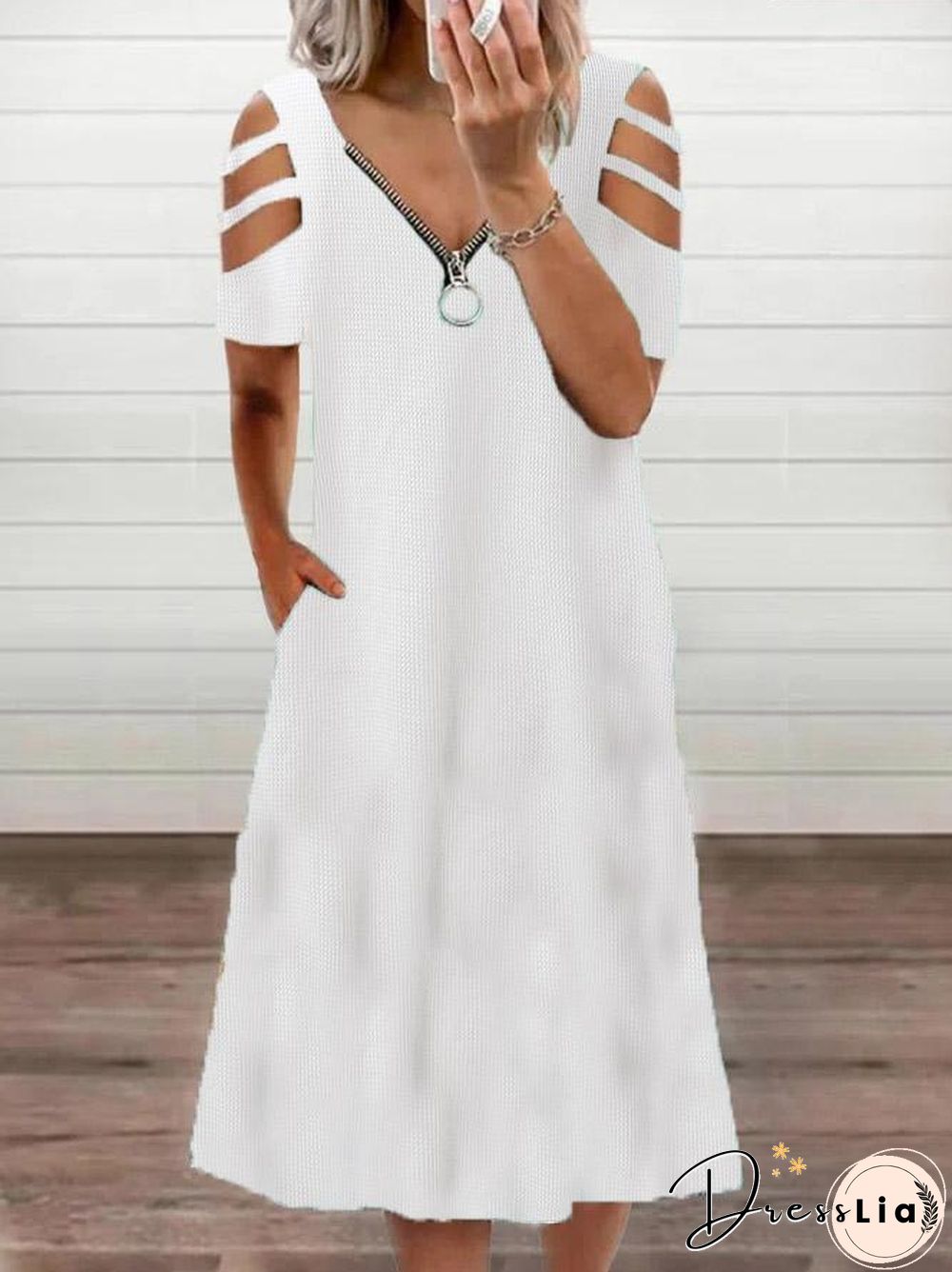 Hollow Zipper V-Necked Women Simple Dress